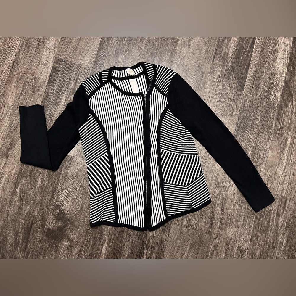 Chico’s BLACK White STRIPES Jacket SWEATER Small